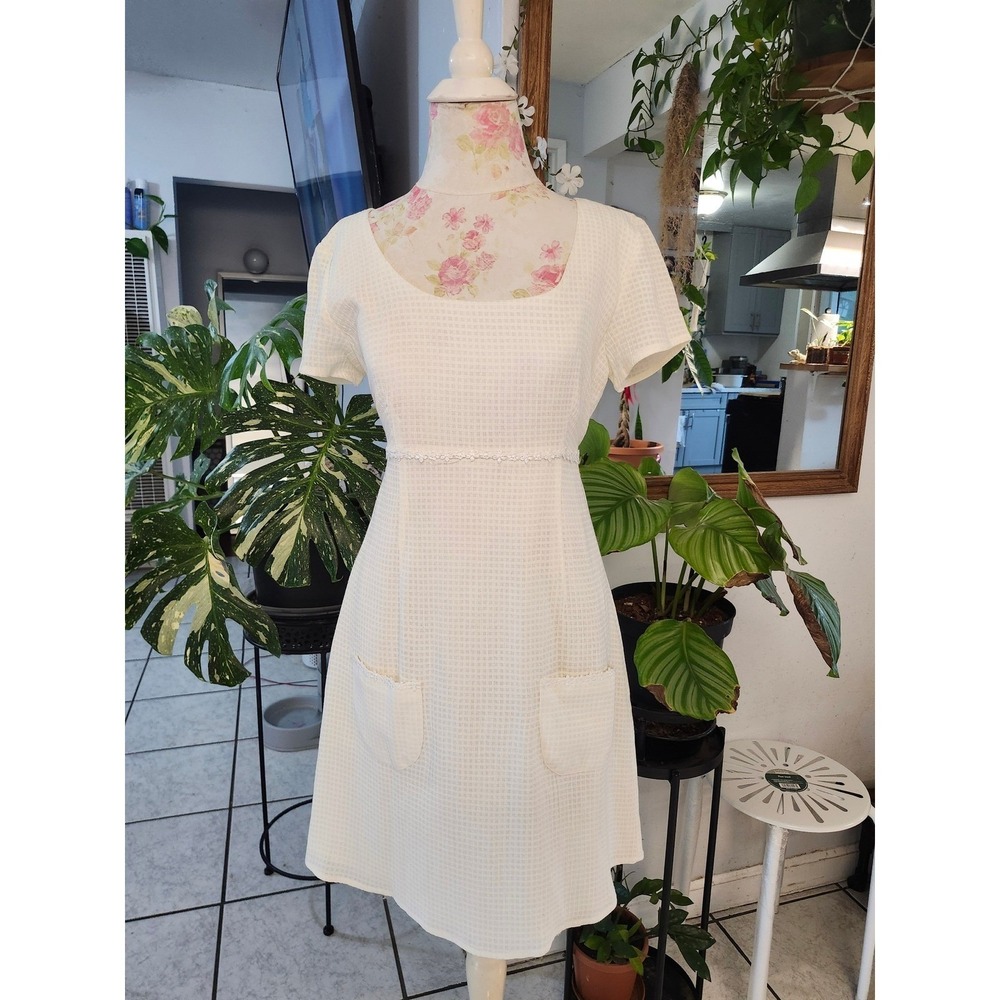 Vtg 90s Y2K A-List by Wrapper Dress Junior 9/10 Fits Small Cream Waffle Knit Mod - Picture 9 of 16